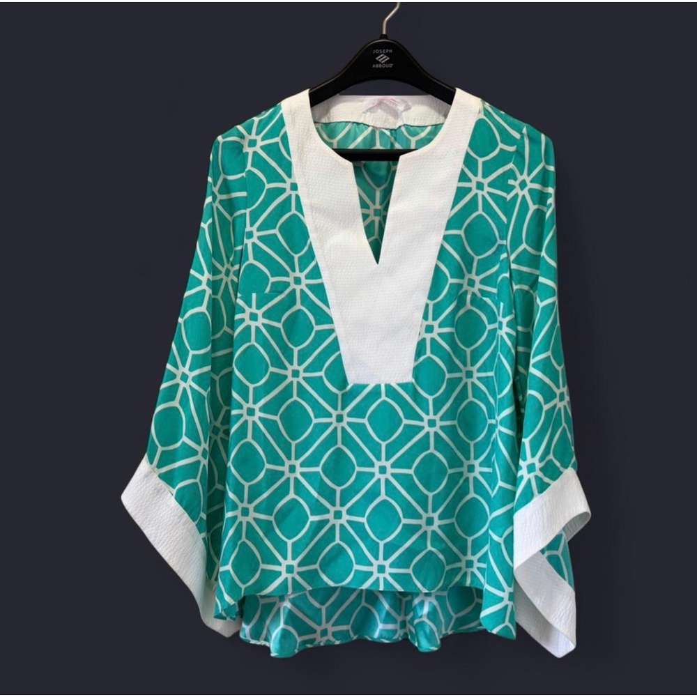 Women's Alice & Trixie Teal White Geometric Silk Tunic Blouse S